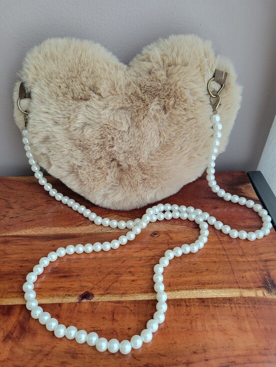 Handbags - Beige Faux White Pearl Decor Heart Design Fluffy Women's Small Crossbody Purse